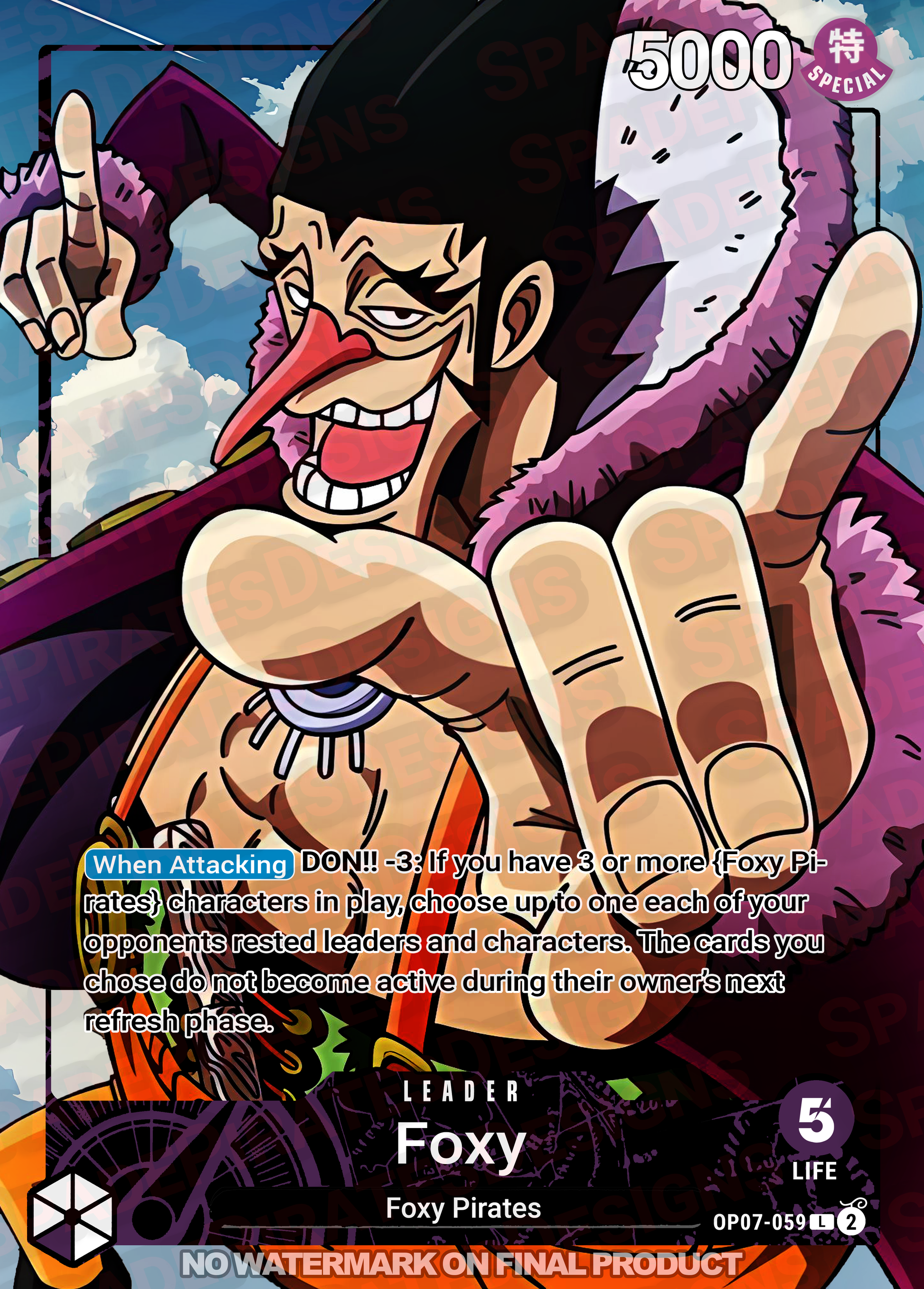 one piece tcg foxy deck One Piece TCG Foxy (OP07-059) Metal Card – Spade Pirates Designs