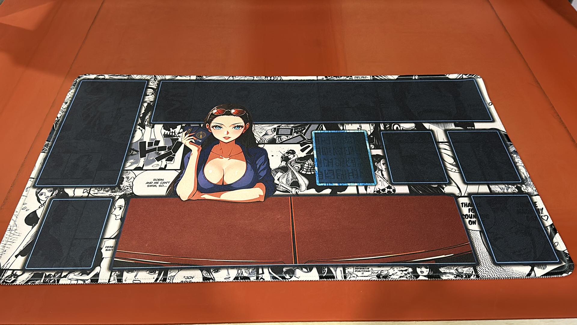 one piece tcg Nico Robin playing the game playmat